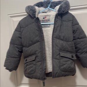 Gray Quilted Puffer Coat with Faux Fur Hood